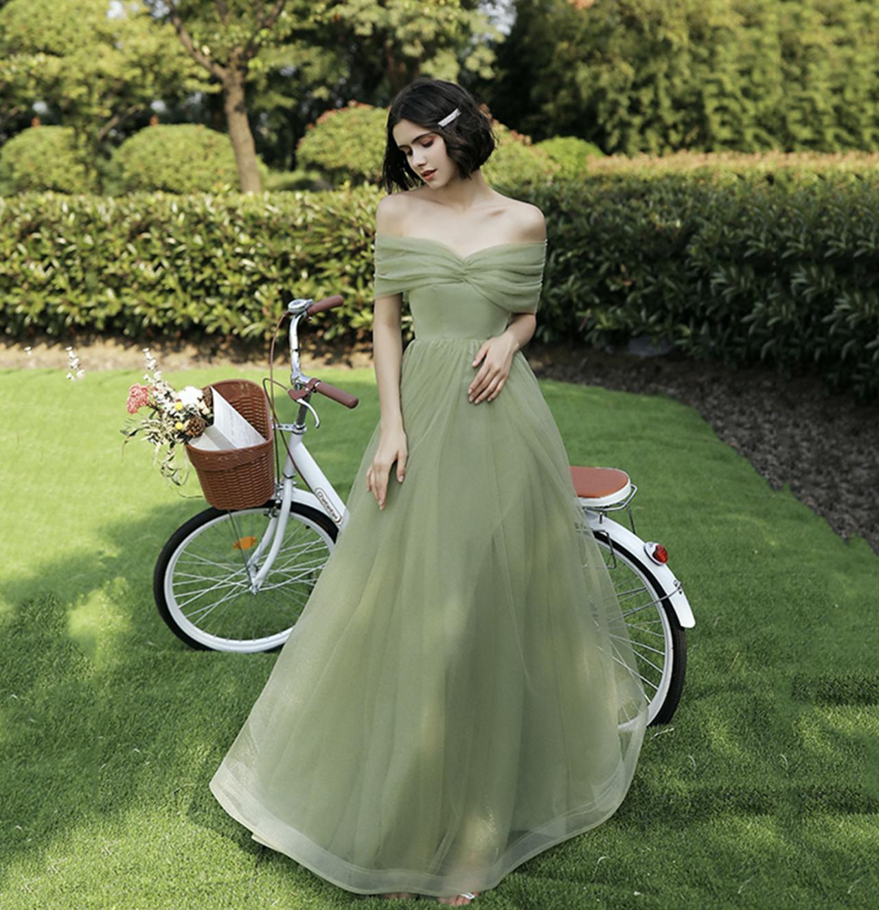 Green Tulle Long A Line Prom Dress Bridesmaid Dress