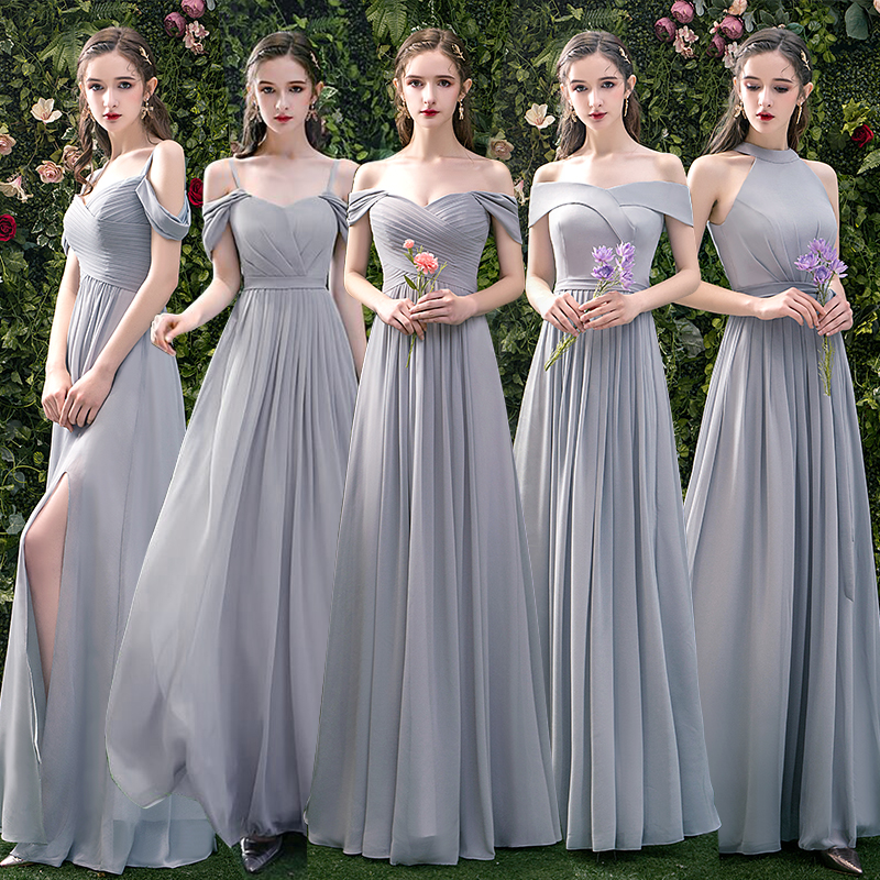 Gray Chiffon Long A Line Prom Dress Bridesmaid Dress
