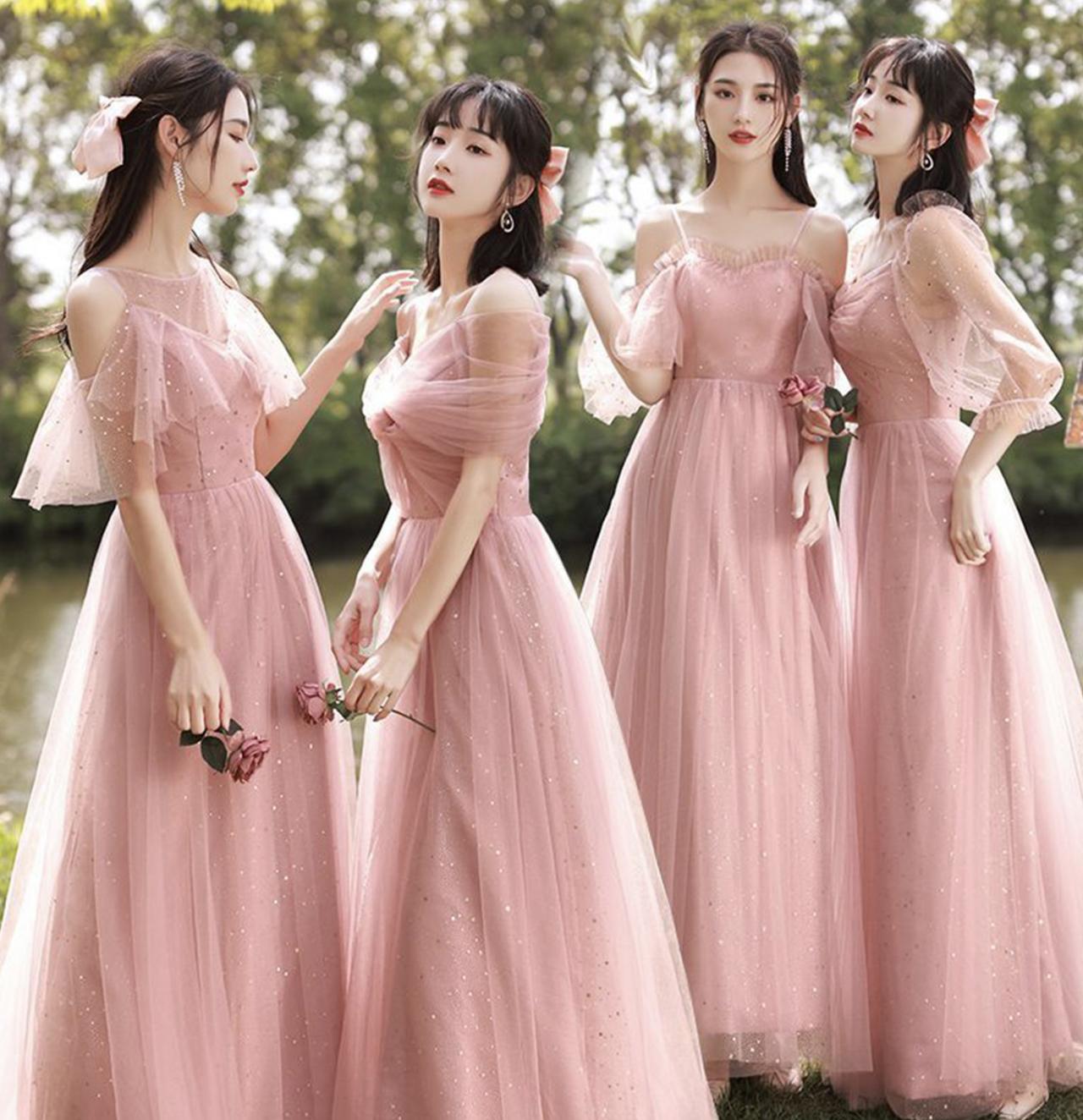 Pink Tulle Long A Line Prom Dress Bridesmaid Dress