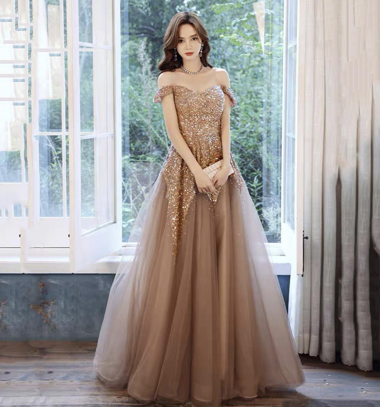 Stylish Tulle Sequins Long Prom Dress A Line Evening Gown