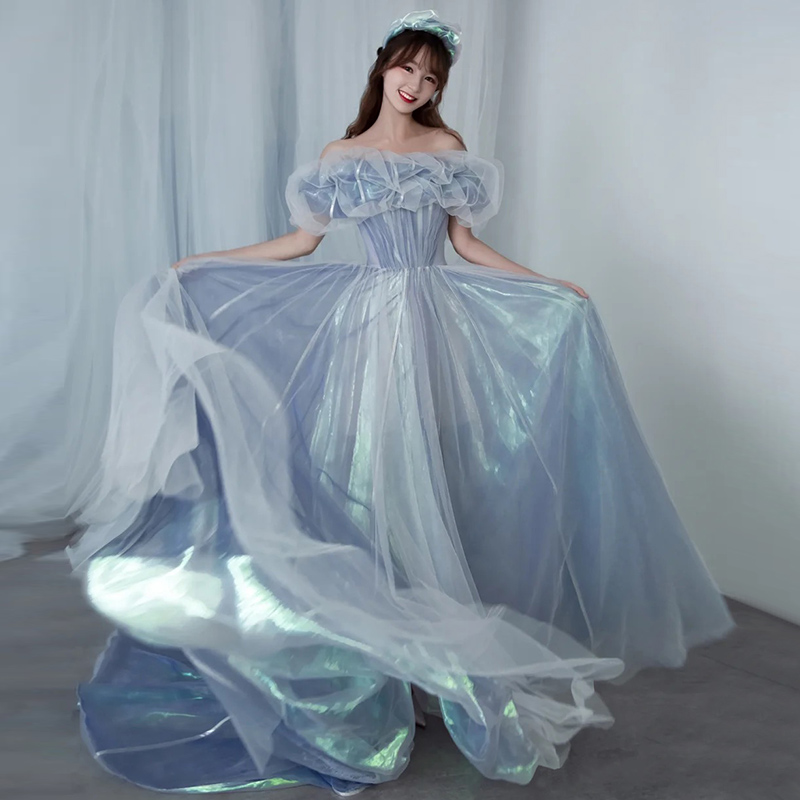 Romantic Tulle Long A Line Prom Dress Blue Evening Gown