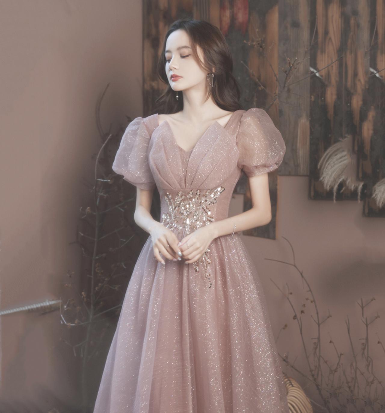 Niulatu Pink A-line off-shoulder tulle sequins beaded long prom dress, pink evening dress HZ1108 main image 0