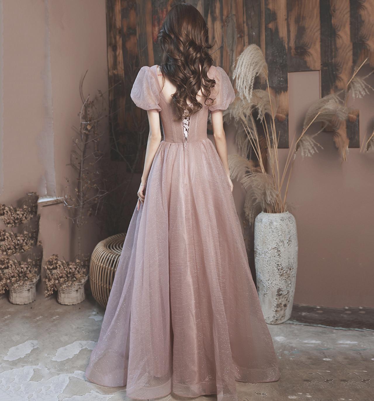 Niulatu Pink A-line off-shoulder tulle sequins beaded long prom dress, pink evening dress HZ1108 main image 1