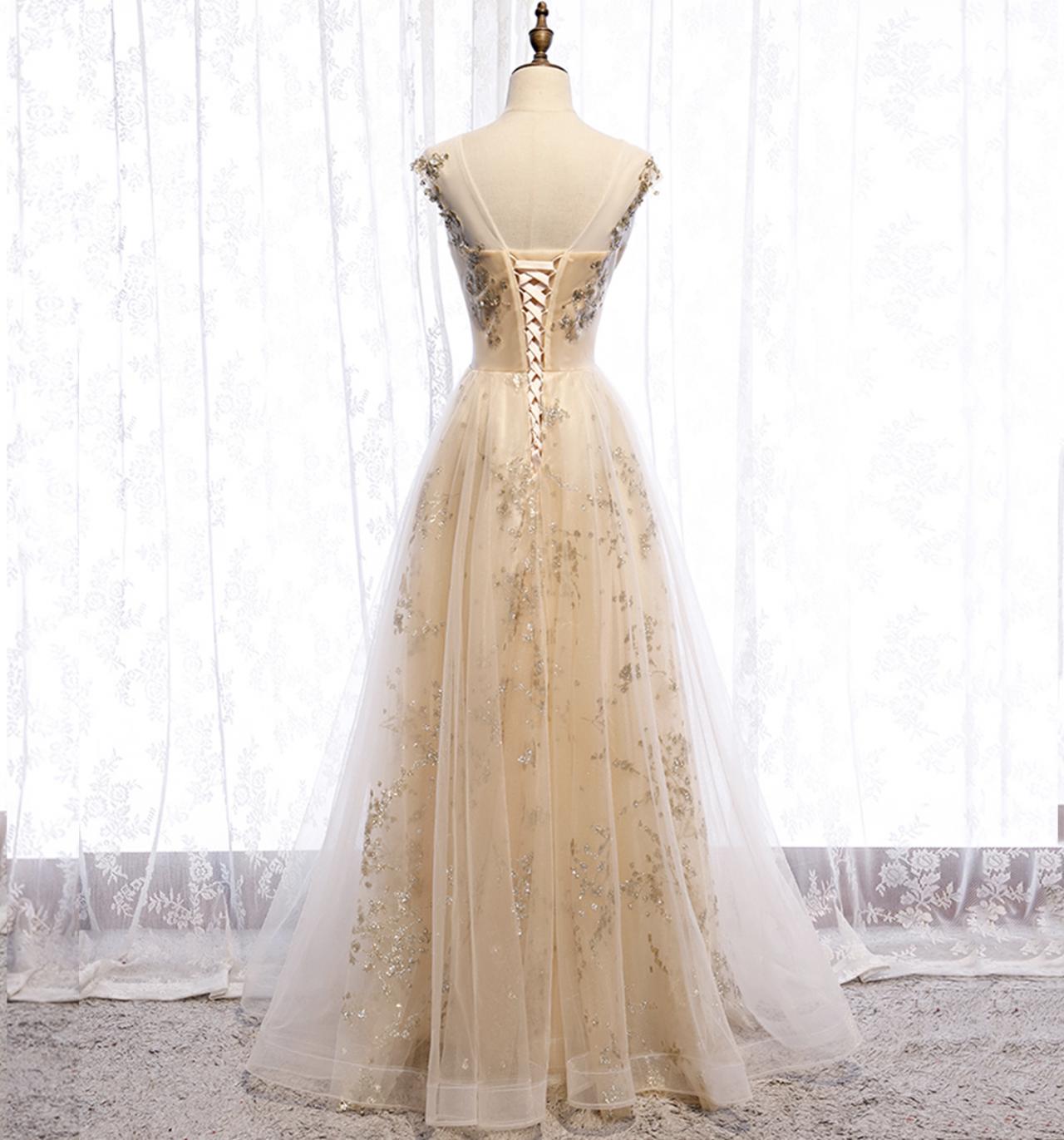 Champagne tulle sequin long prom dress, ball gown evening dress main image 0