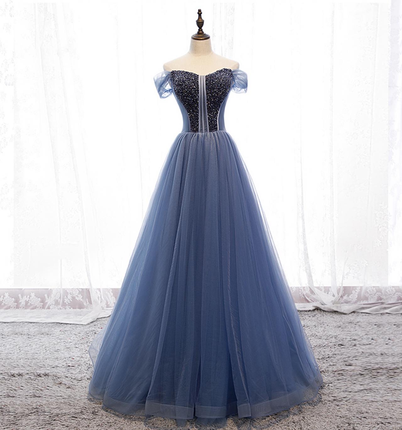Blue Tulle Beads Long Prom Dress A Line Evening Gown