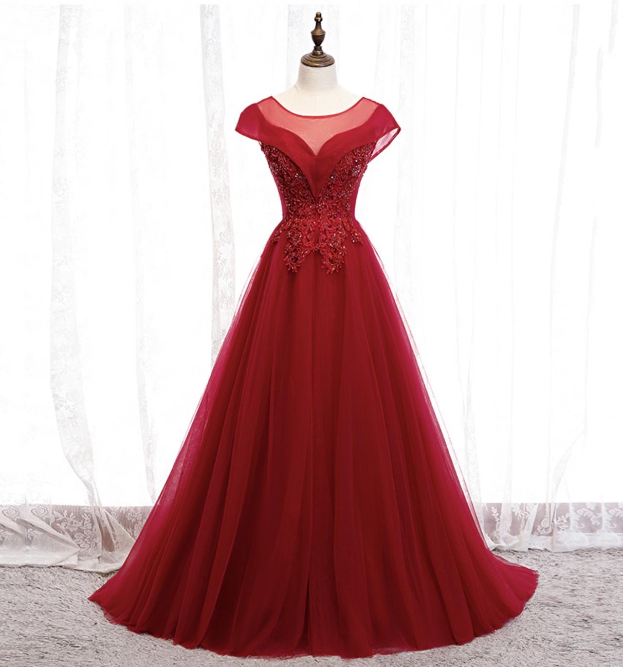 Red Tulle Beads Long Prom Dress A Line Evening Dress