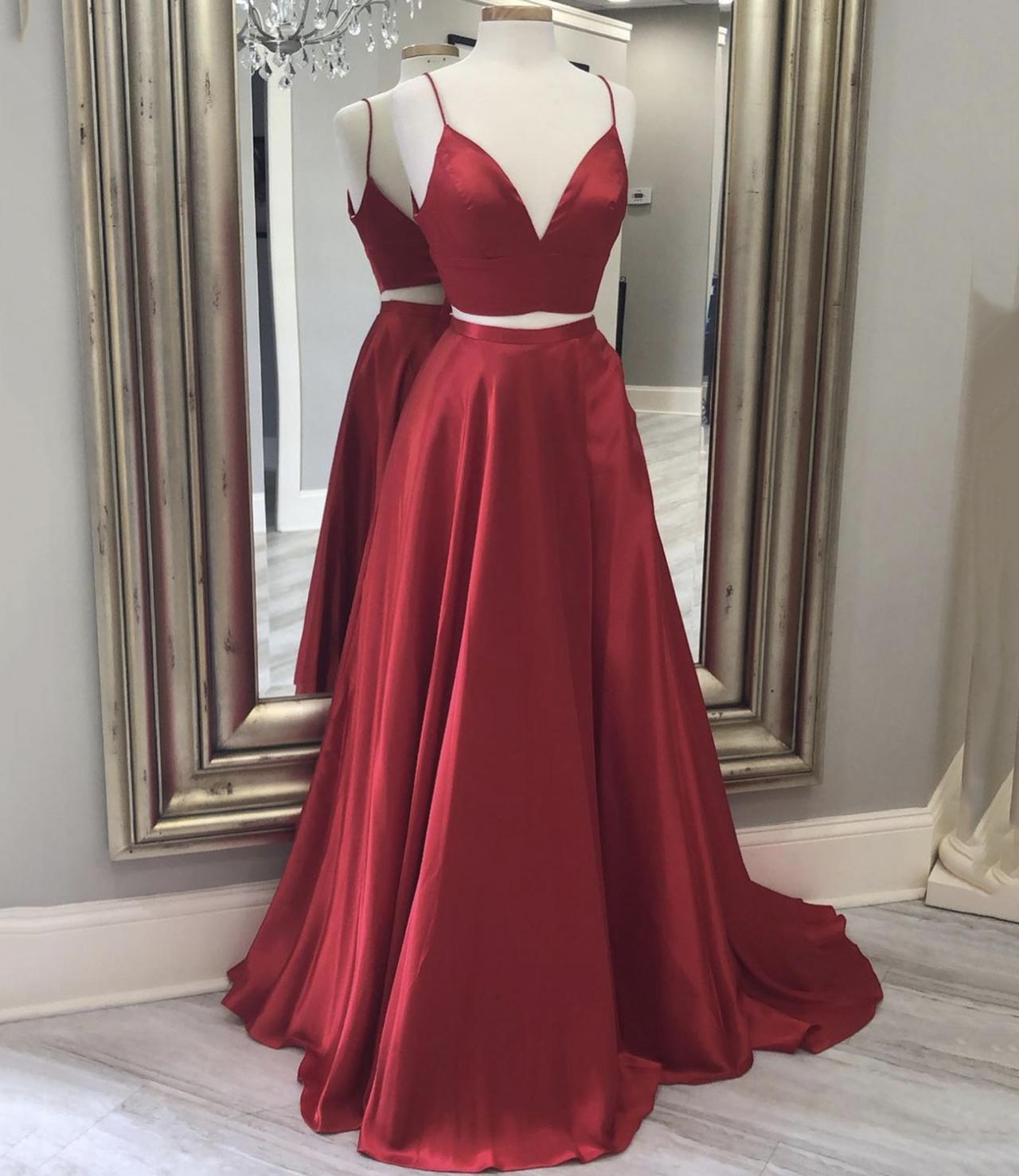 Red Two Pieces Satin Long Prom Dress A Line Evening Dress