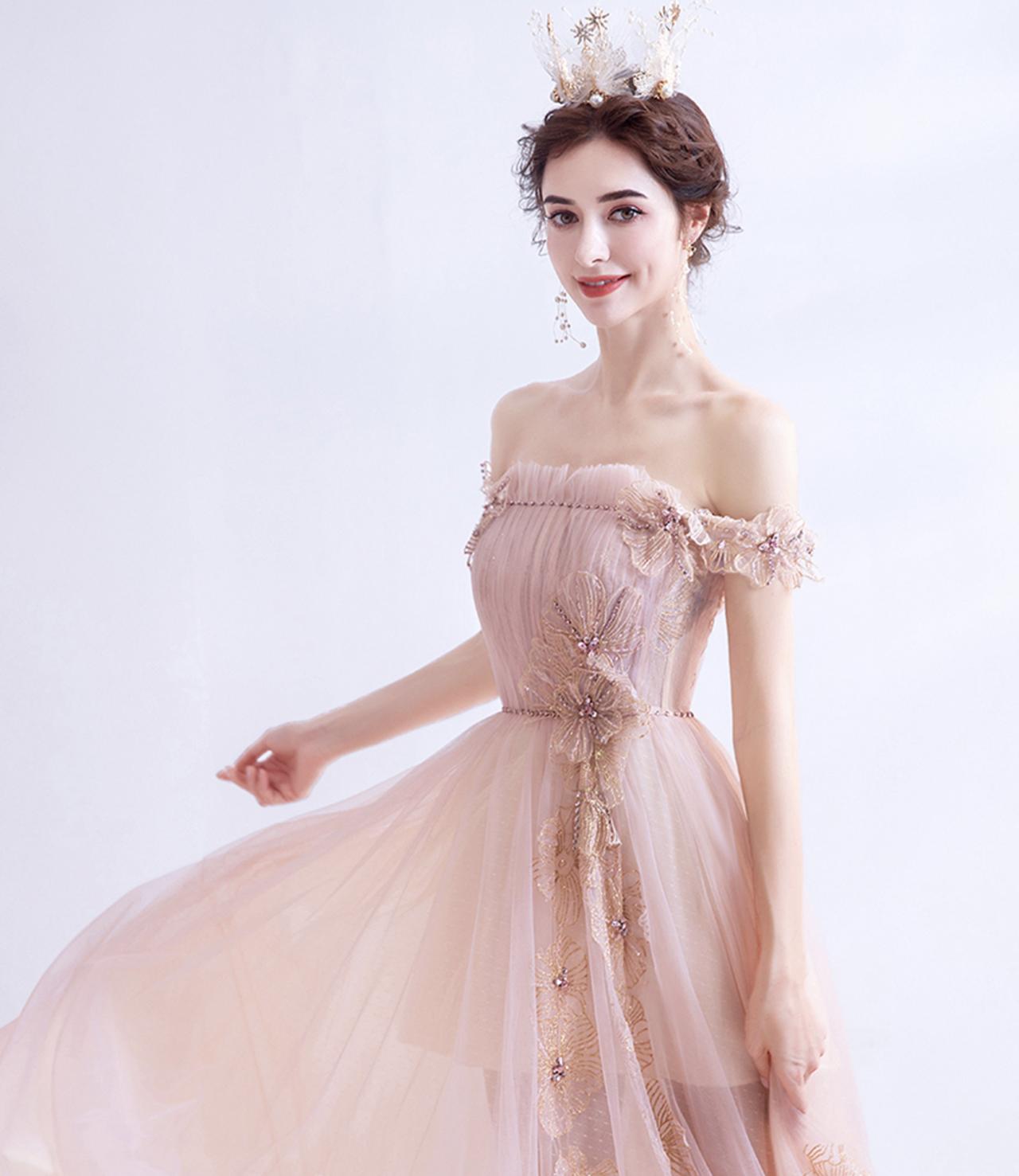 Pink Tulle Long A-Line Prom Dresses, Pink Evening Dresses with Bow