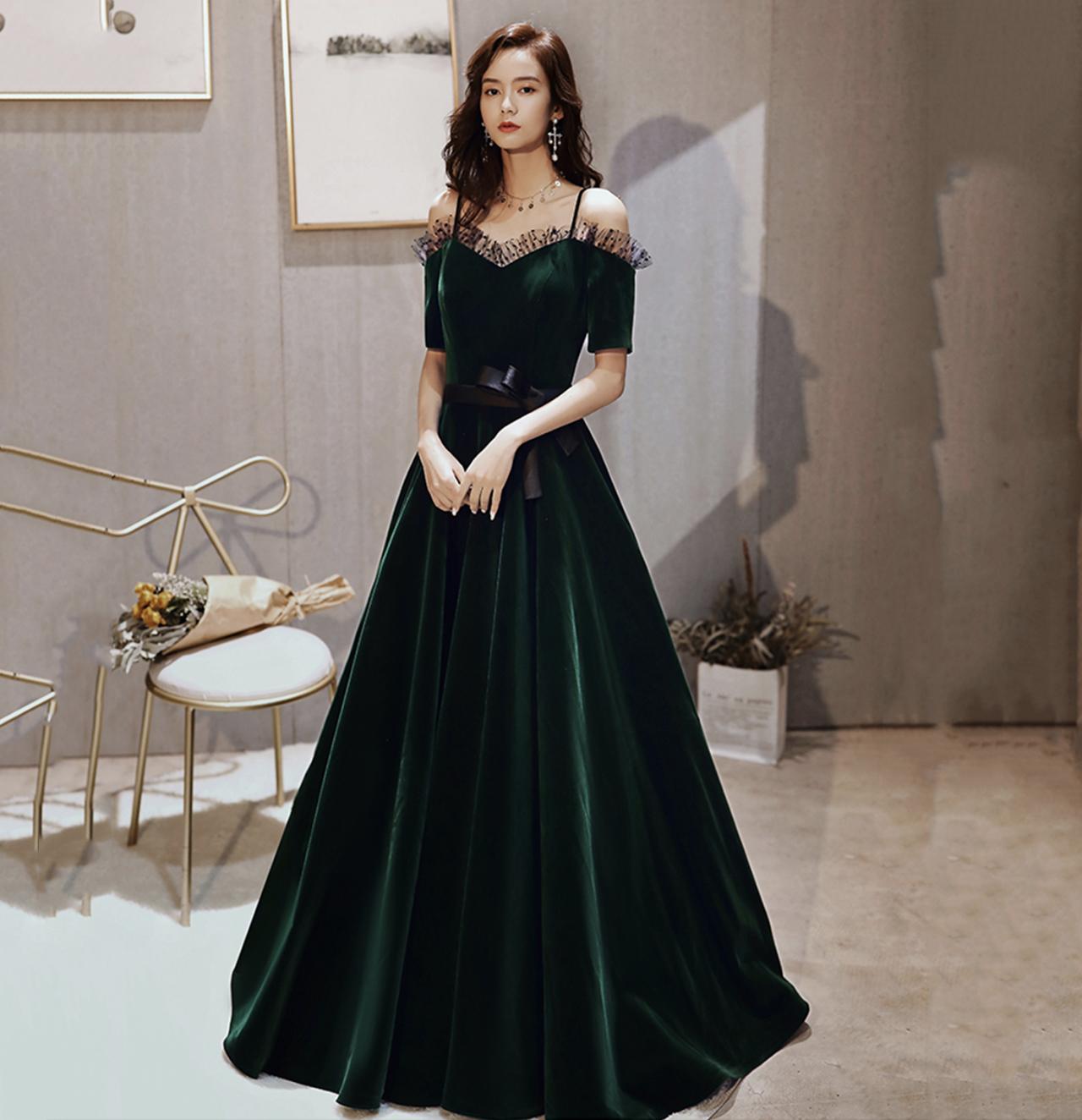 Dark Green A Line Burnout Velvet Long Prom Dress with Short Sleeves