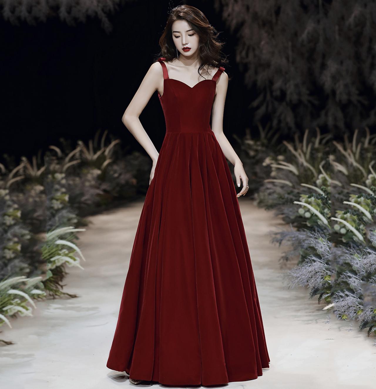 Red Velvet Long Prom Dress Simple Evening Gown