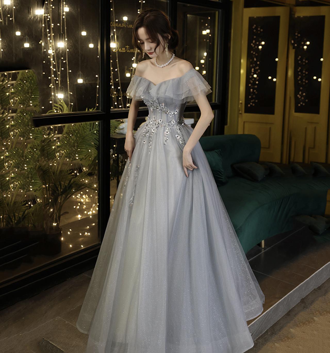 High Quality Tulle Long Prom Gown Gray A Line Evening Gown