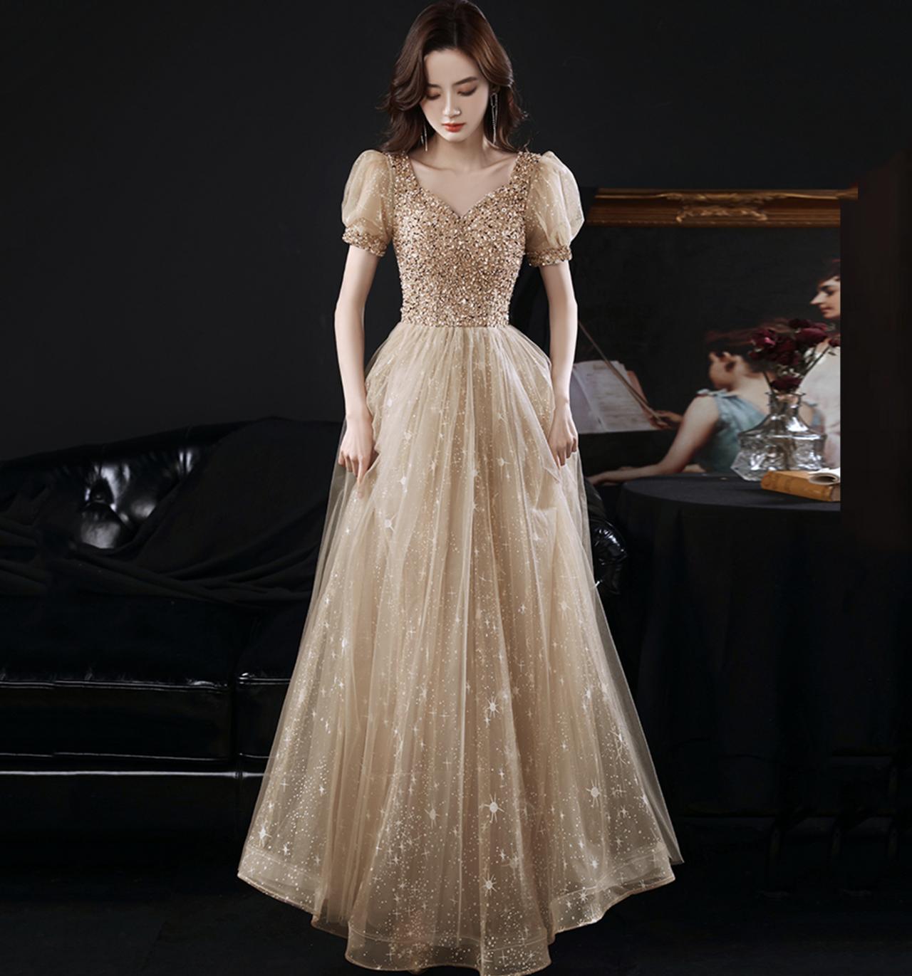 Gold Tulle Beads Long Prom Dress A Line Evening Gown