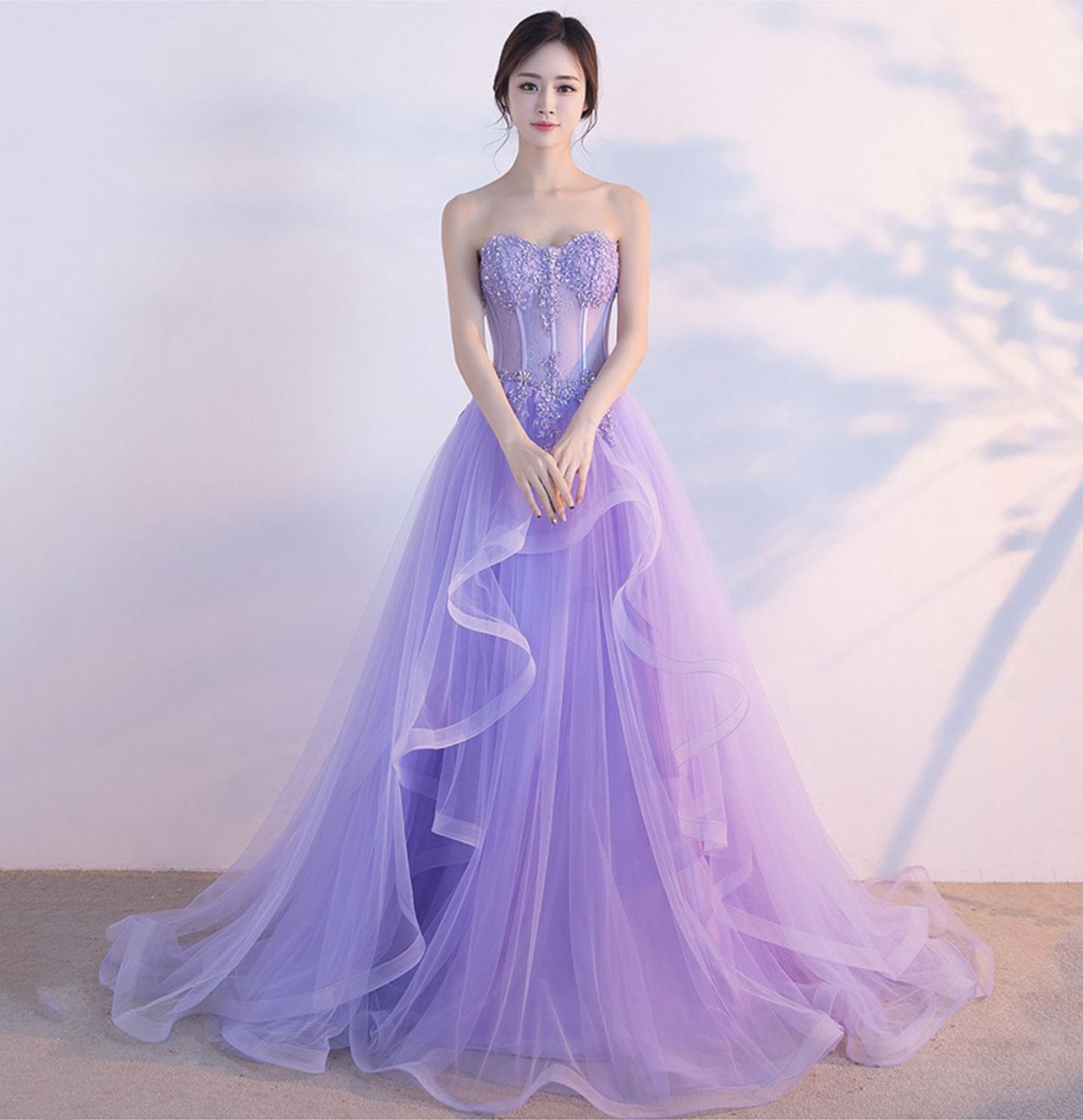 Elegant Purple Tulle Lace Long Prom Dresses, Purple Lace Formal Graduation Evening Dresses EP1756 main image 1