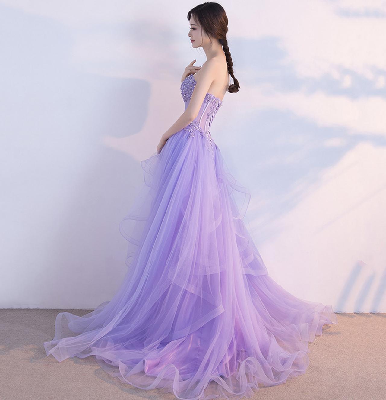 Elegant Purple A-line Tube Top Tulle Long Prom Dress Evening Dress Bridesmaid Dress cc4752