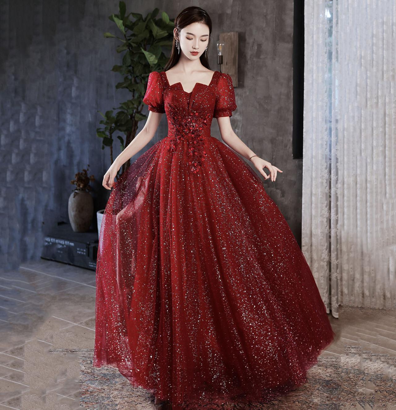 Shiny Sequin Red Tulle Ankle Length Prom Dress with Short Sleeves