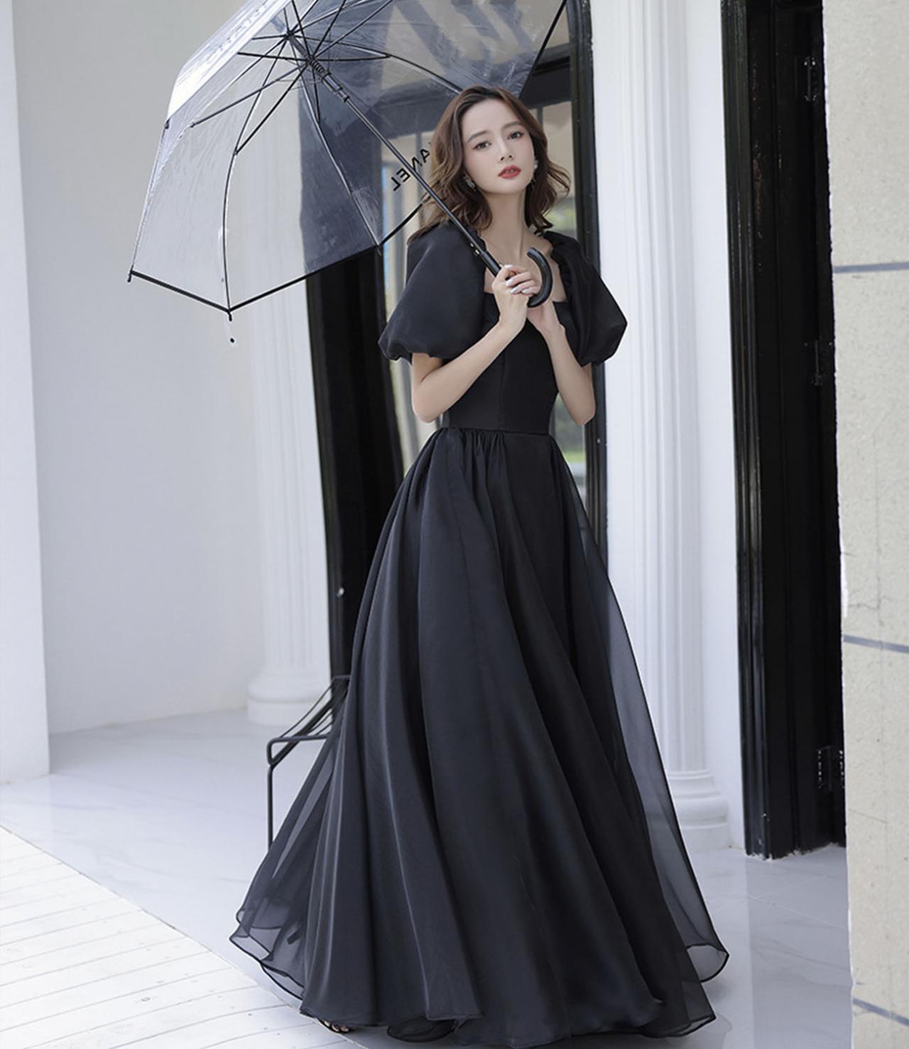 Black tulle long A line prom dress evening dress,DS4585
