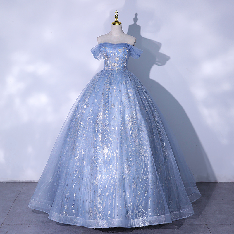 Blue Tulle Sequins Long Ball Gown Dress Formal Gown