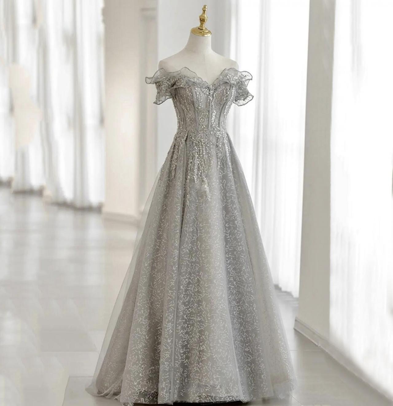 Gray Tulle Beads Long Prom Dress Gray Evening Dress