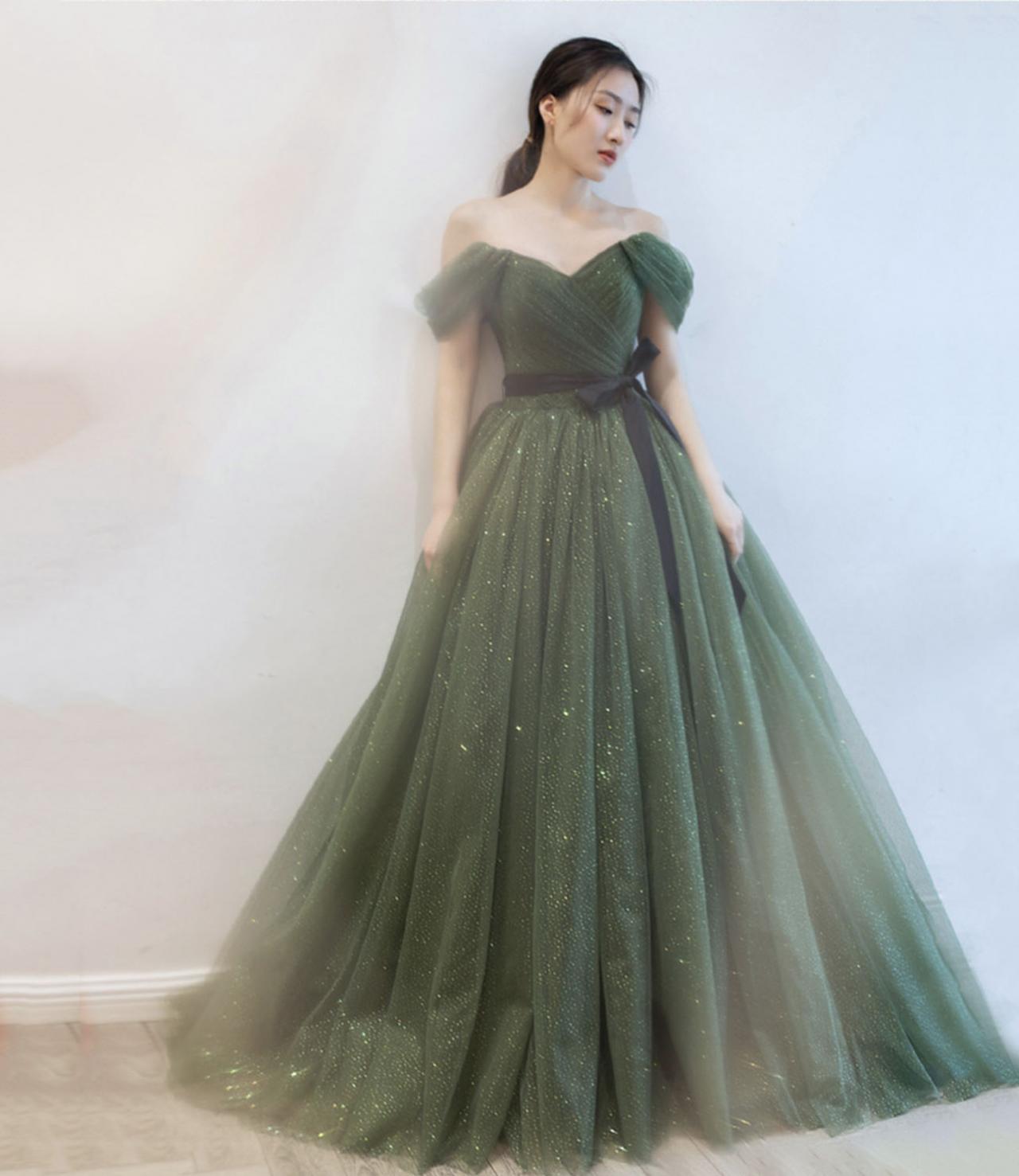 Green Tulle Long Prom Dress Green Evening Gown
