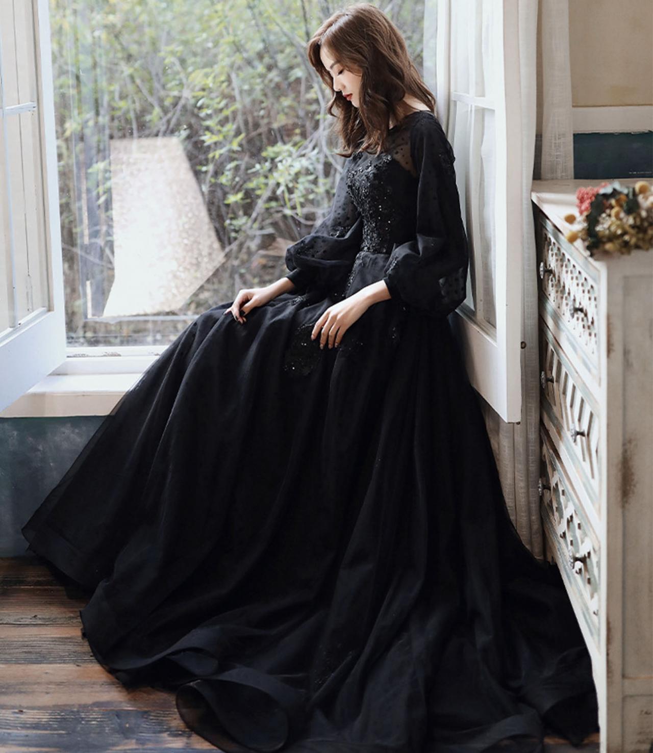 Black Lace Long Sleeve Prom Dress Black Evening Dress