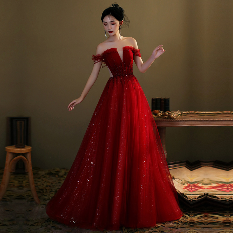 Red Tulle Sequins Long Prom Dress Red Evening Gown