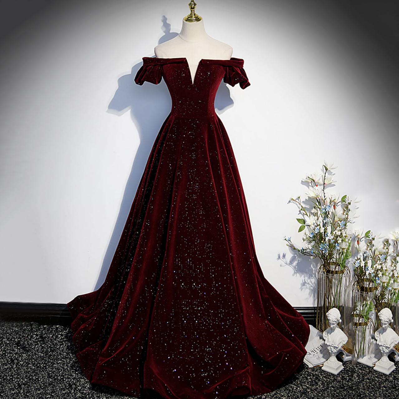 Burgundy Velvet Long Prom Dress A Line Evening Gown on Luulla