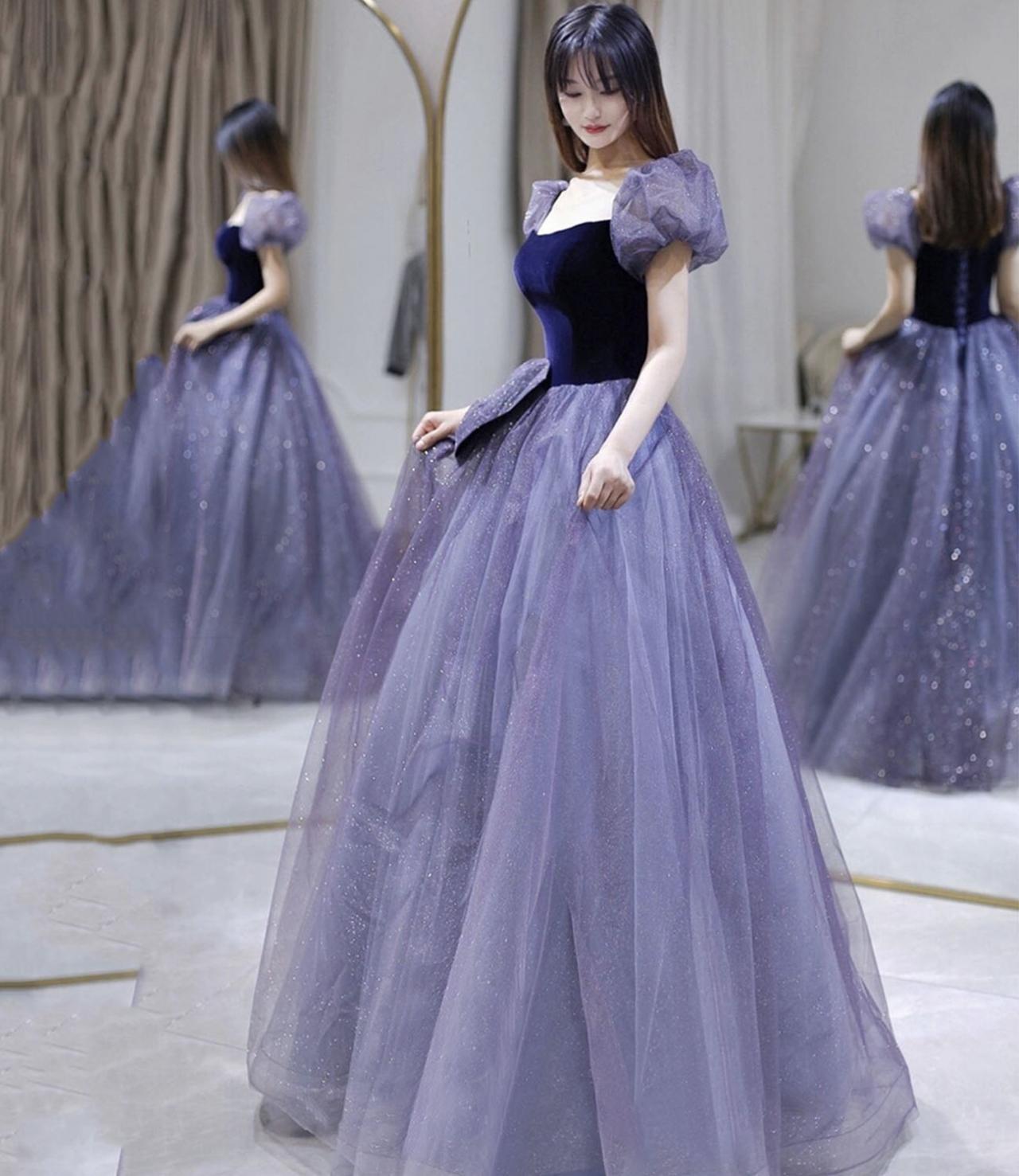 Purple Velvet Tulle Long Prom Dress A Line Evening Gown