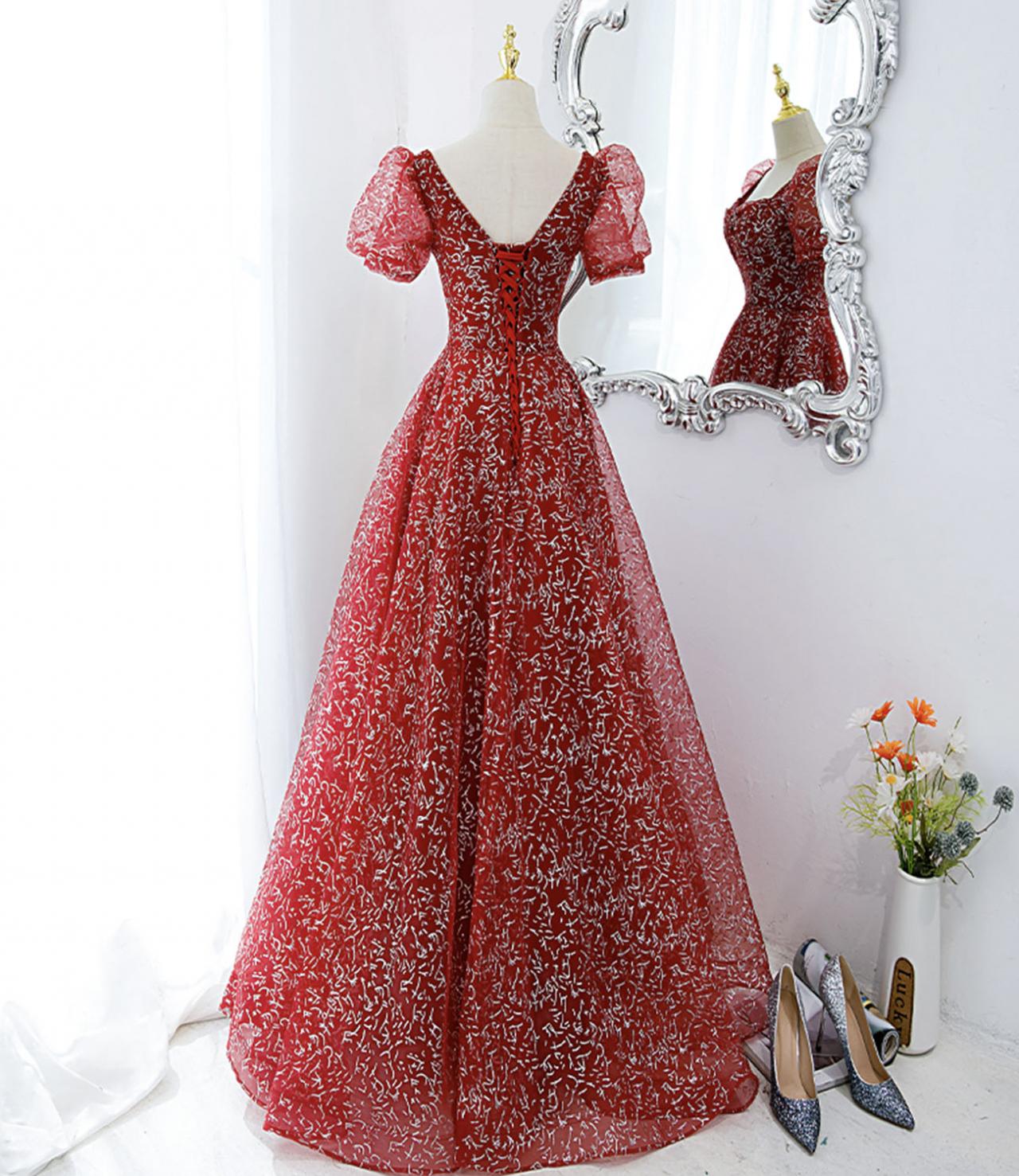 Red tulle sequins long prom dress red evening gown Y1179 main image 0