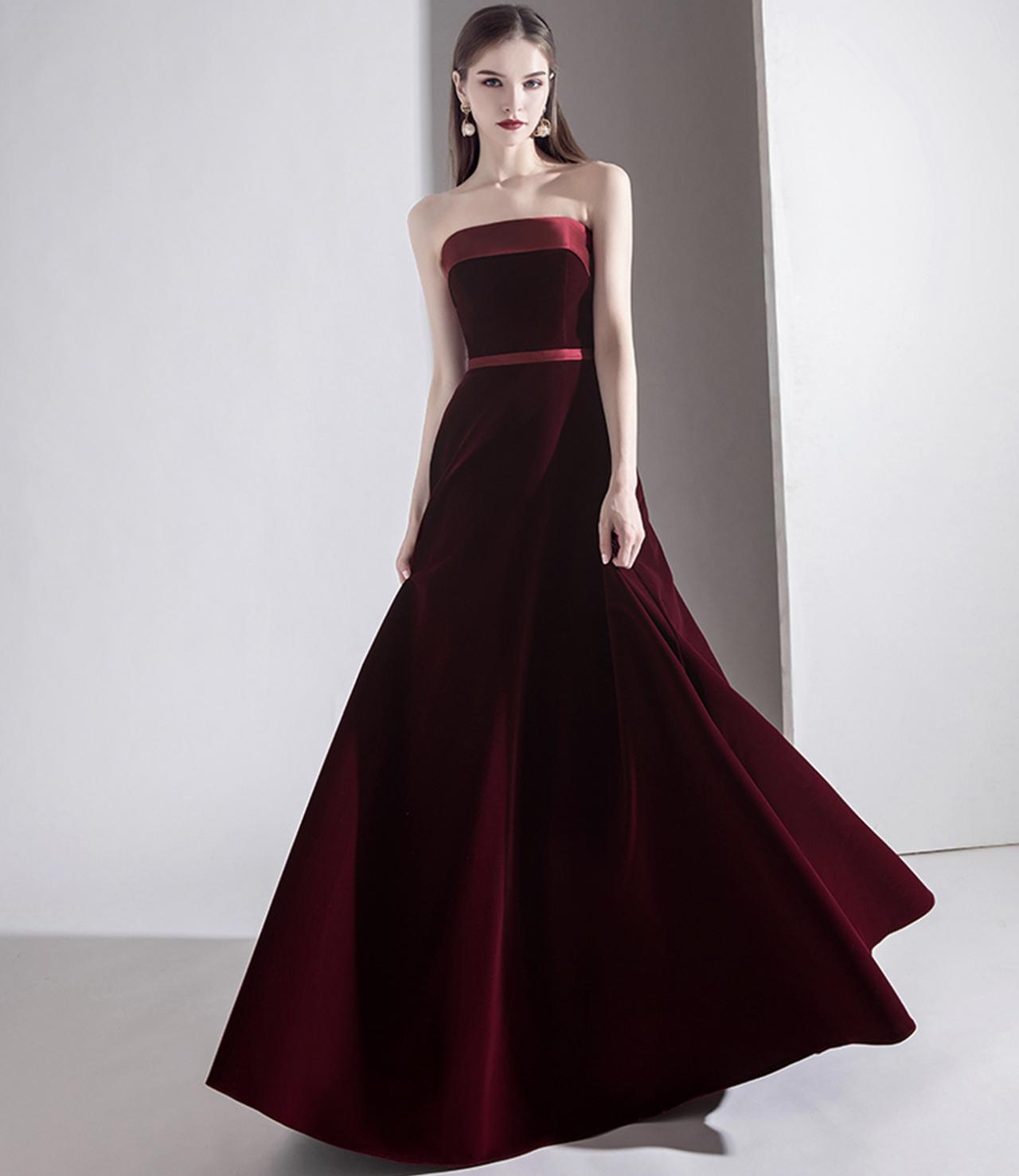 Burgundy Velvet Long Prom Dress A Line Evening Gown