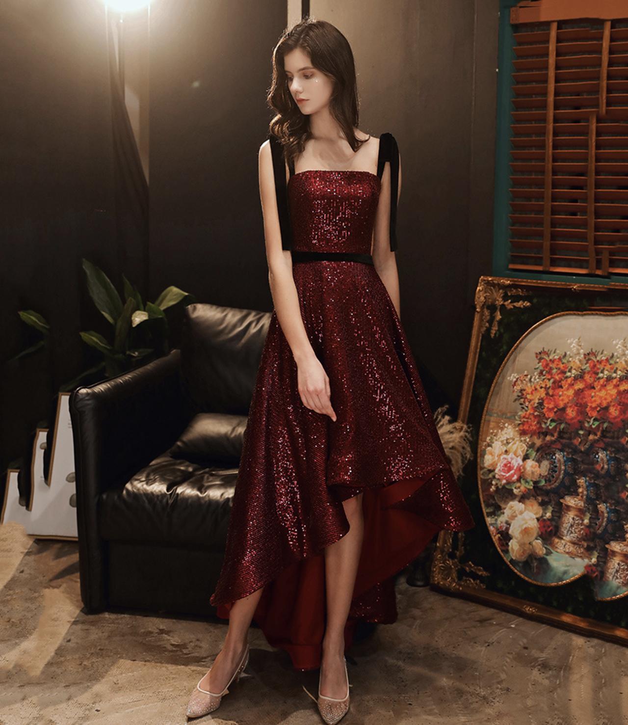 Burgundy Sequins High Low Prom Dress Homecoming Dress
