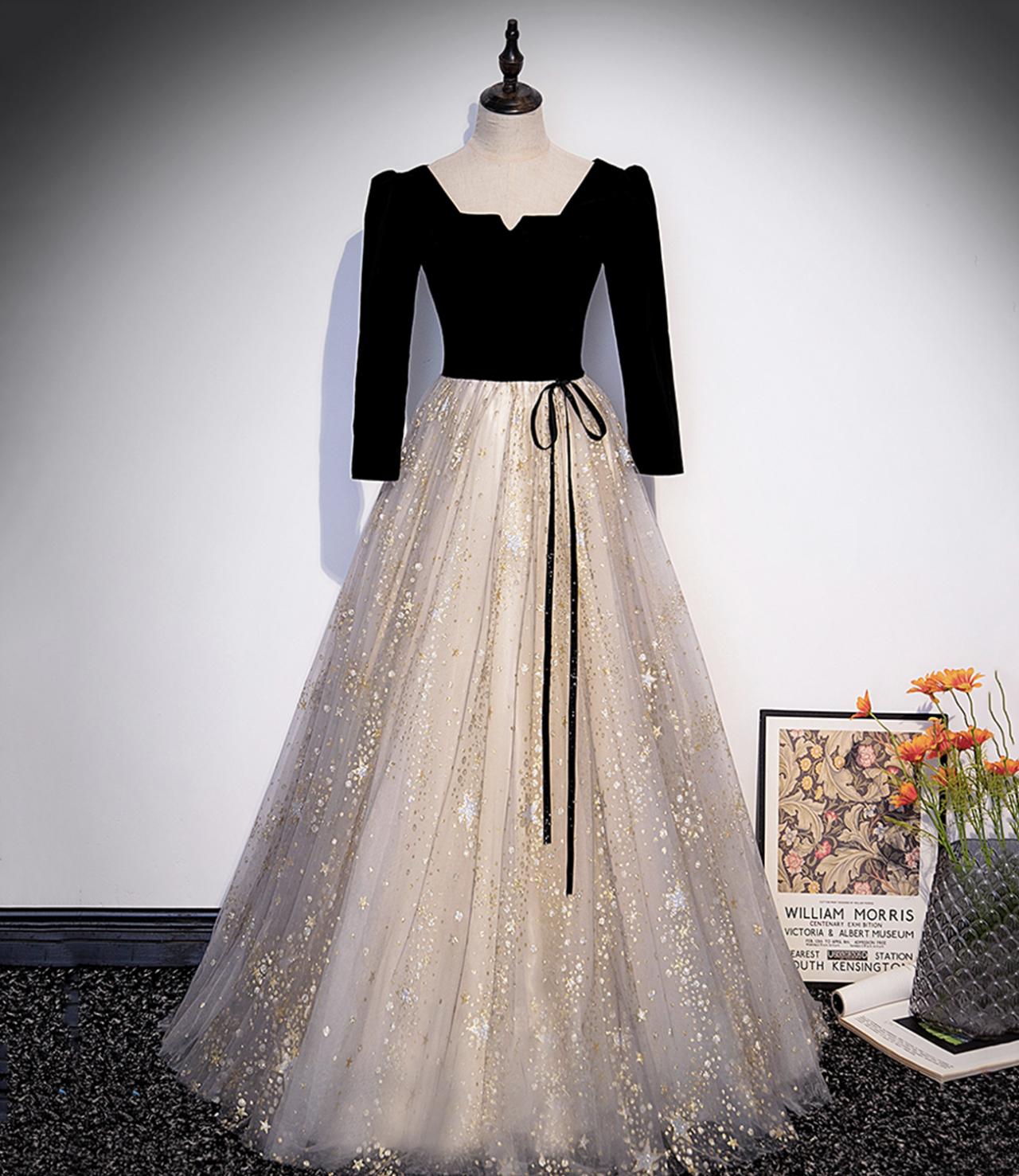 Black Velvet Tulle Long Prom Dress Black Evening Dress