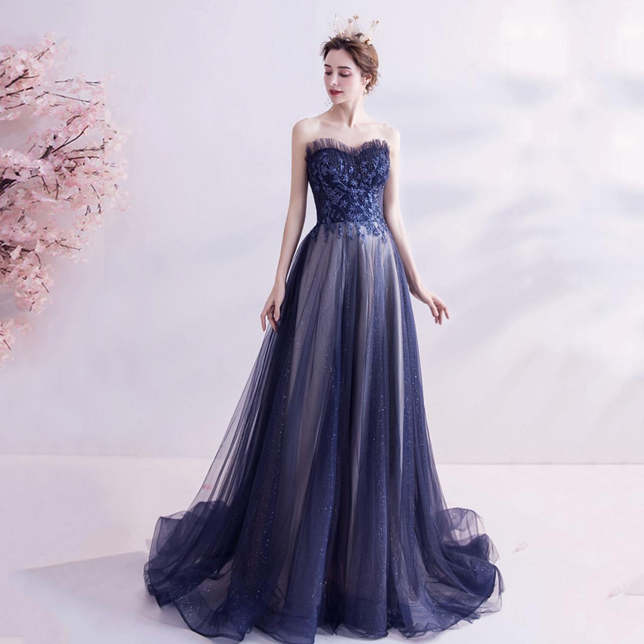 Elegant Tulle Long A Line Prom Dress Blue Evening Gown