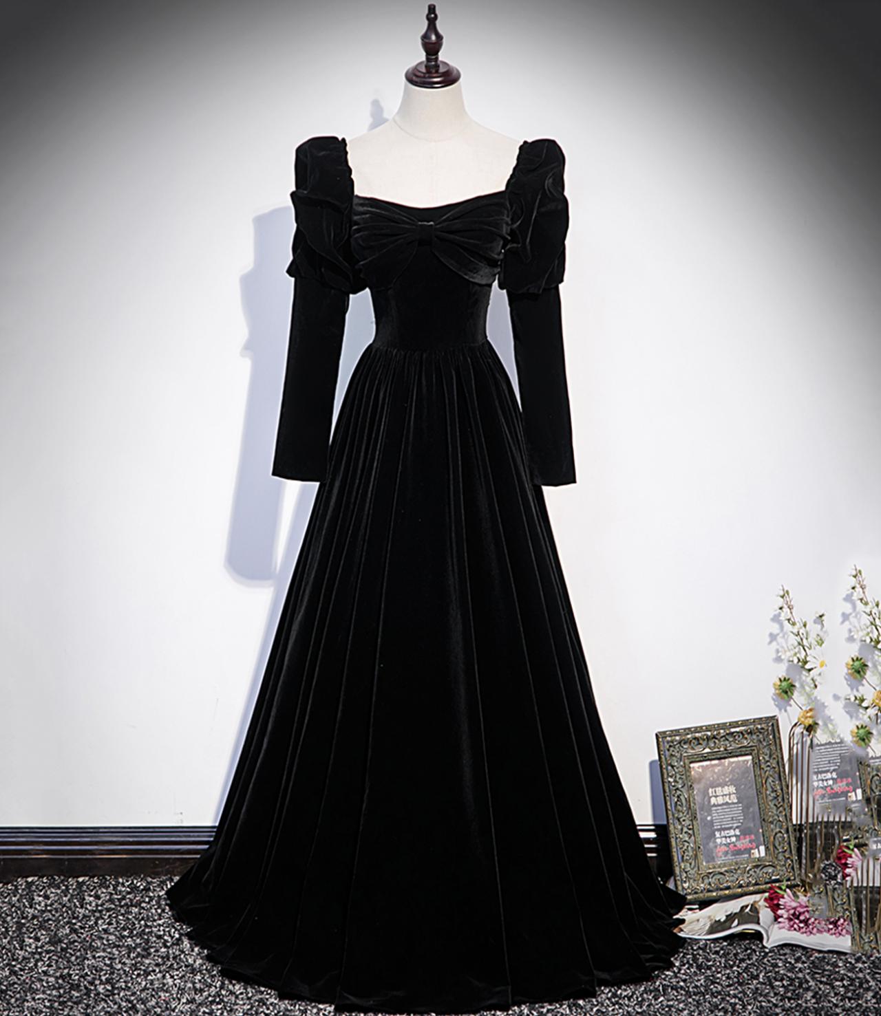 Elegant Velvet Long Sleeve Prom Dress A Line Evening Dress