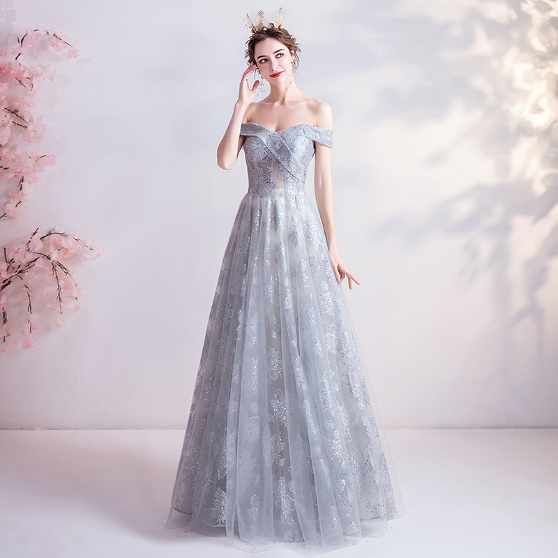 Gray Tulle Squins Long Prom Dress Gray Evening Dress