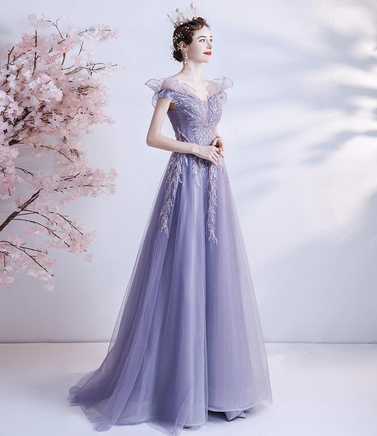 Purple Tulle Sequins Long Prom Dress A Line Evening Dress