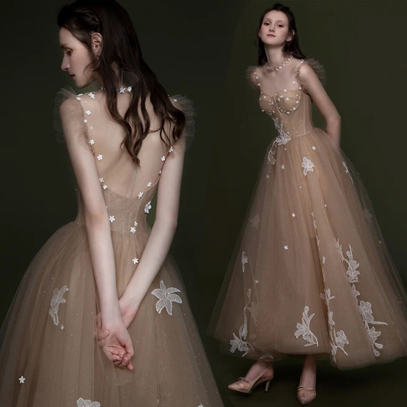 Champagne Tulle Lace Prom Dresses A Line Evening Gown