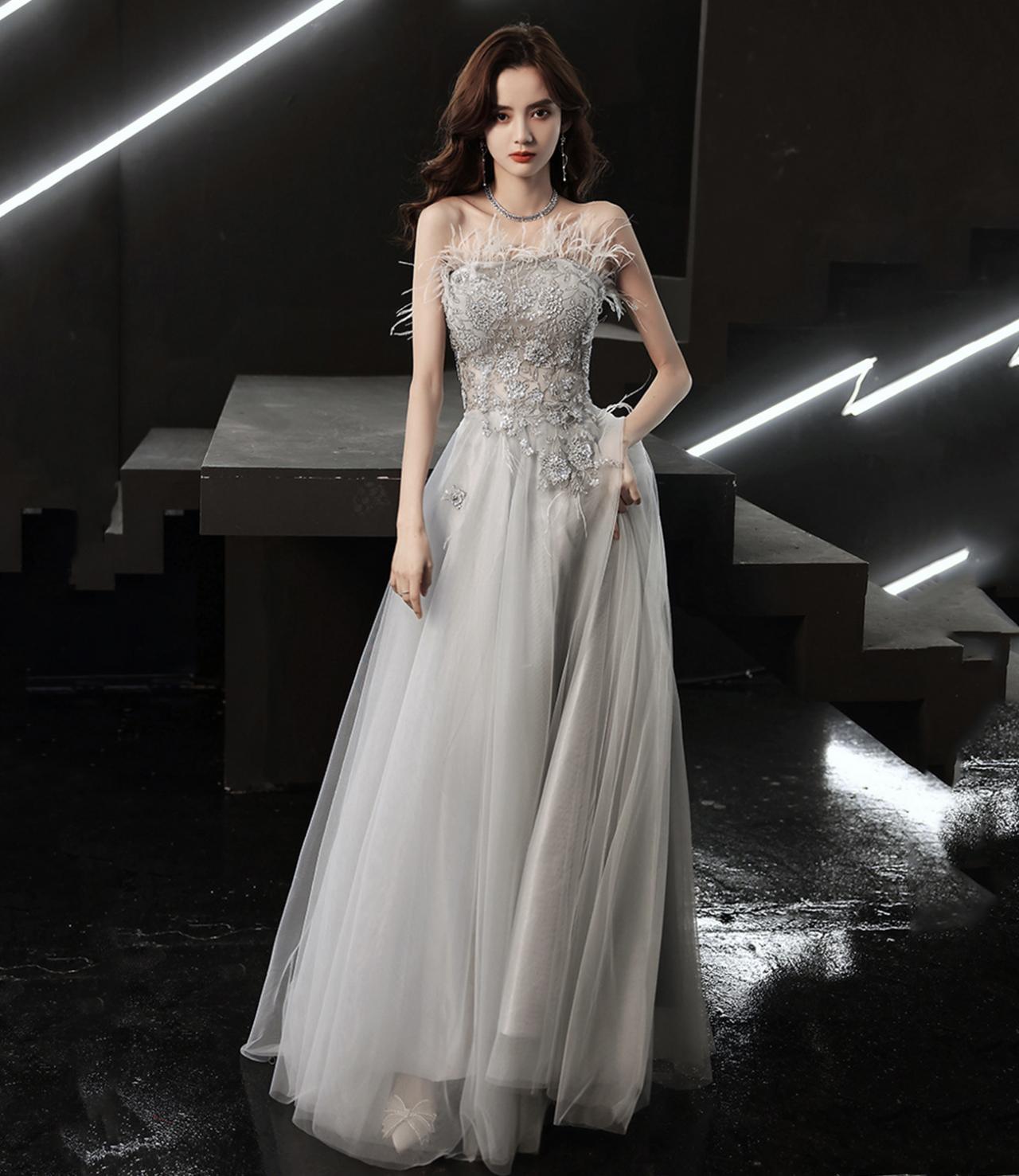 Gray Tulle Lace Long Prom Dress A Line Evening Gown