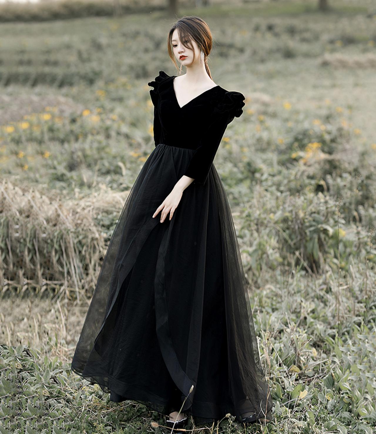 Black Velvet Tulle Long Prom Dress Long Sleeve Evening Dress