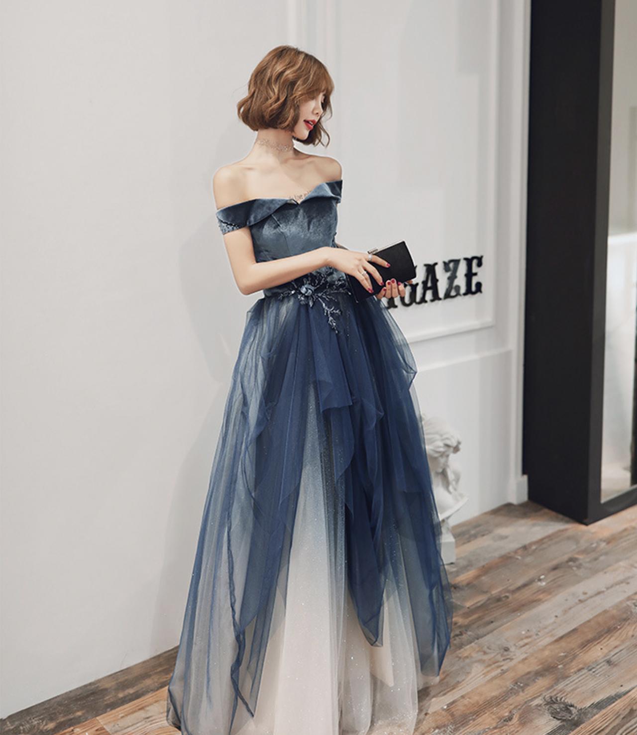 Blue Velvet Tulle Long Prom Dress A Line Evening Gown