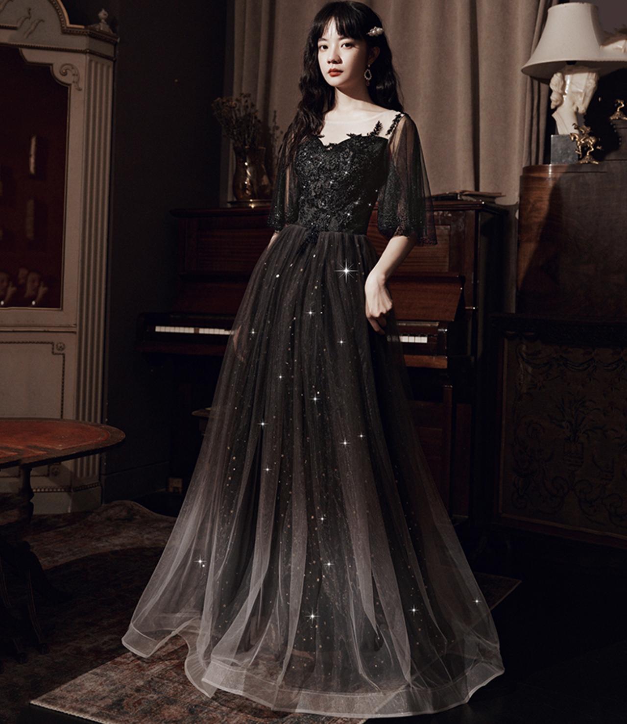 Black Tulle Lace Long Prom Dress Evening Dress