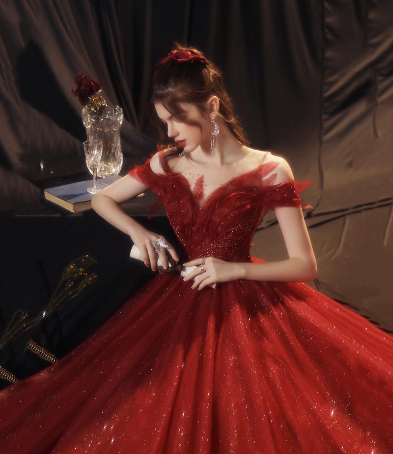 Red tulle sequins long prom dress red evening gown Y1179