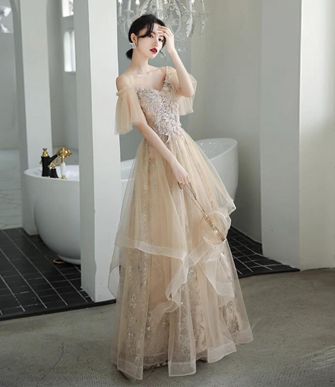 Champagne Tulle Lace Long Prom Dress, A-Line Evening Gown