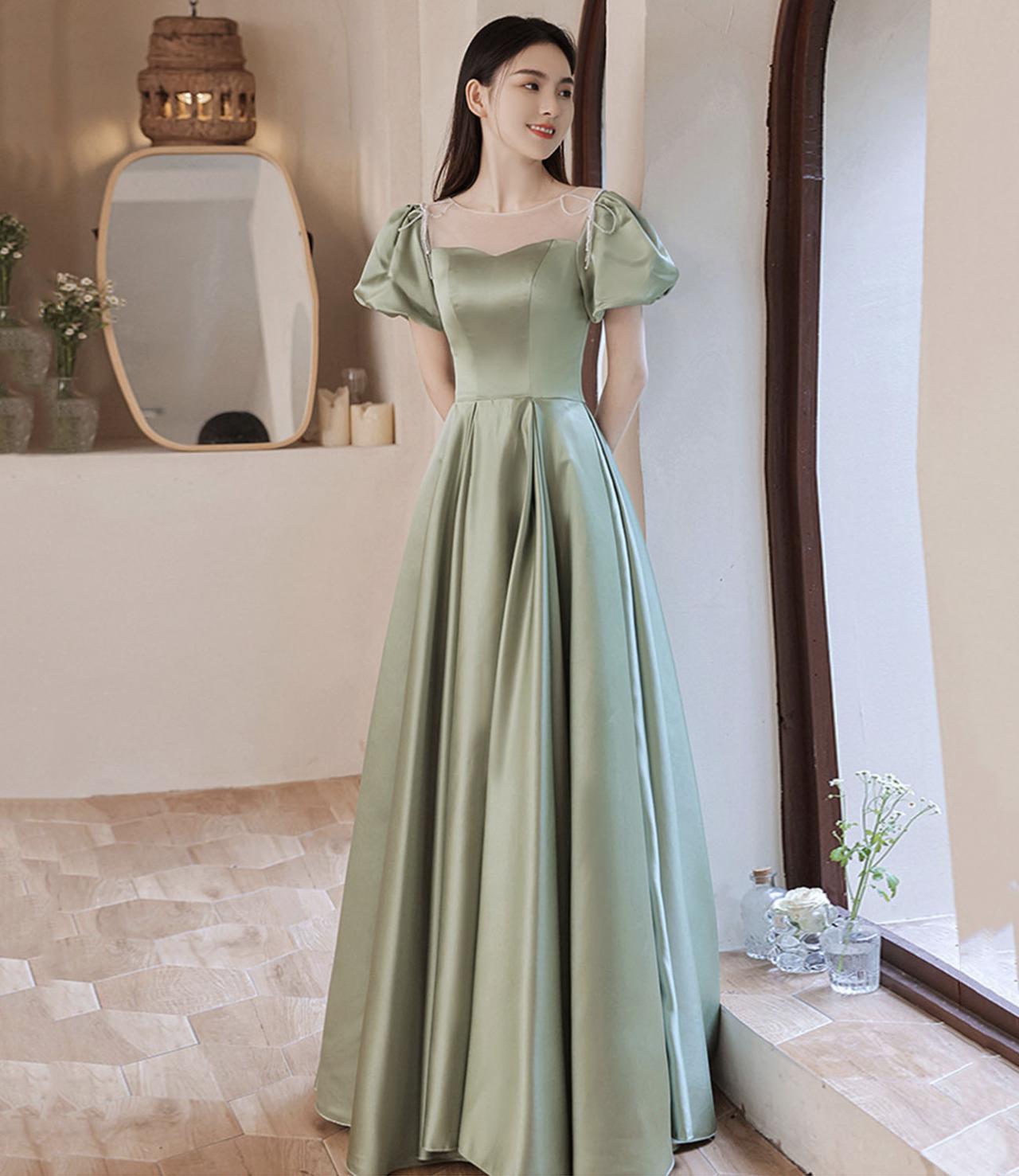 Green Satin Long Prom Dress A Line Evening Dress