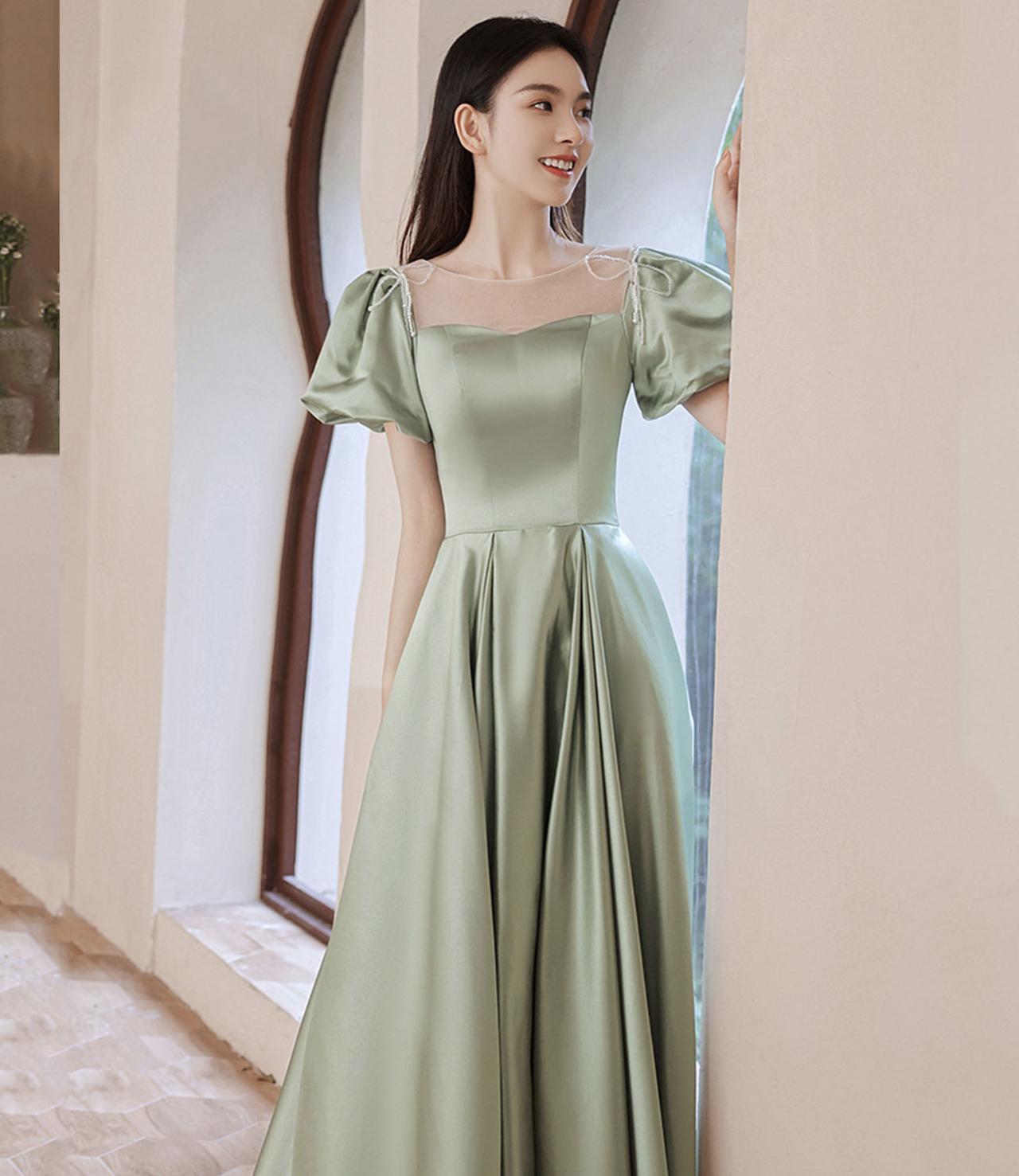 Green Satin Long Prom Dresses, Simple A-Line Evening Dresses main image 0