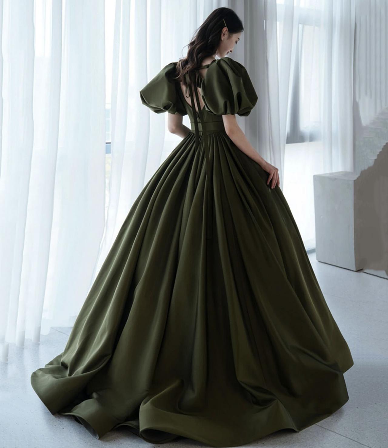 Green Satin Long A Line Princess Gown Formal Gown