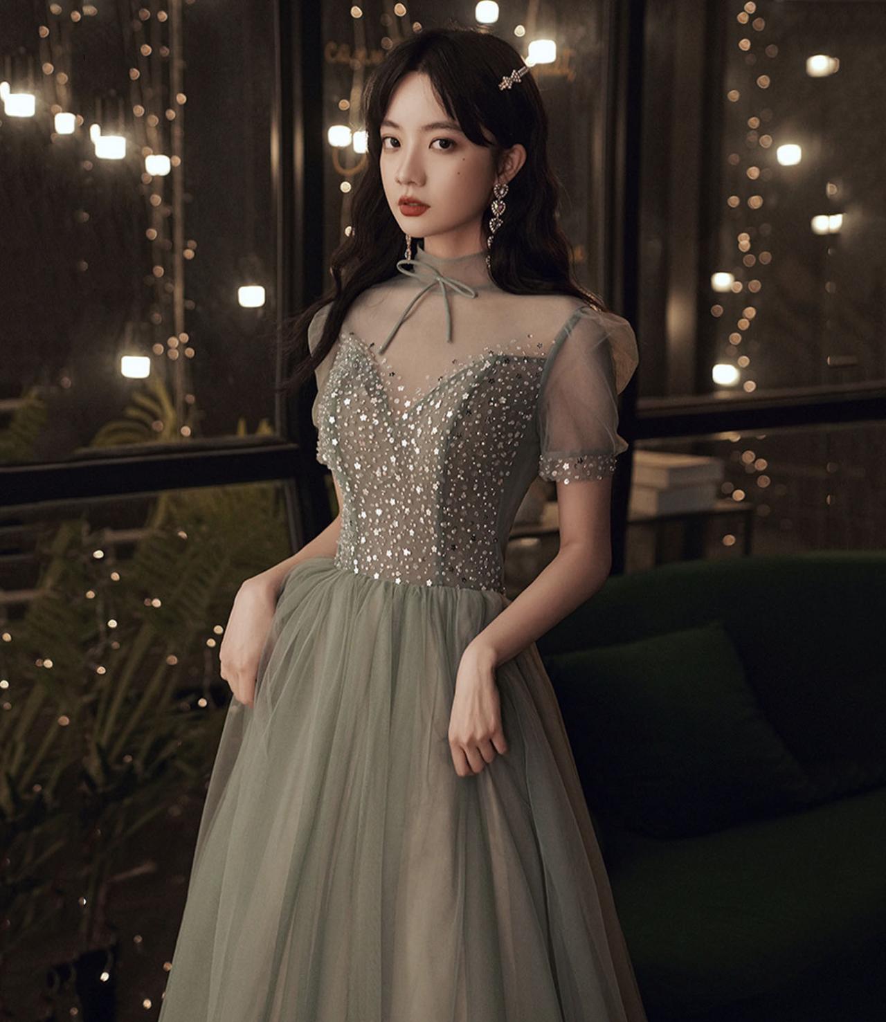 Gorgeous Green Tulle Beaded Long A Line Evening Dress,Strapless Prom Dress Y8197 main image 0