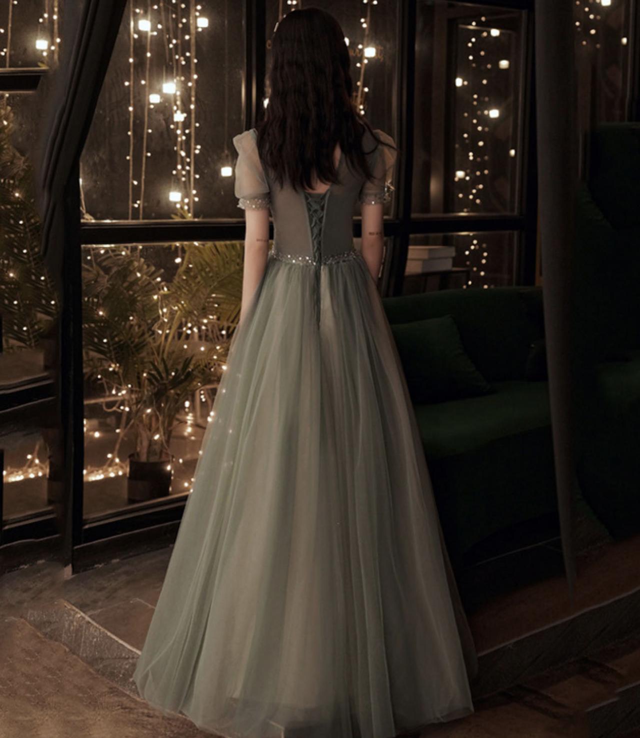Gorgeous Green Tulle Beaded Long A Line Evening Dress Strapless Prom Dress Y8197 main image 1