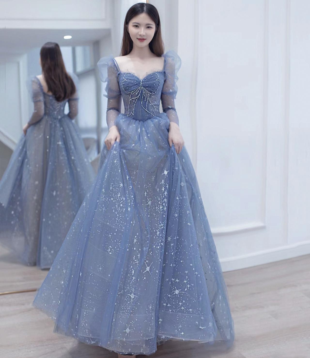 Blue Tulle Beads Long Prom Dress A Line Evening Dress