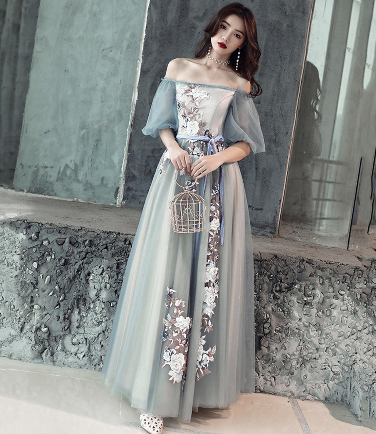 Gray Tulle Lace Long Prom Dress A Line Evening Dress