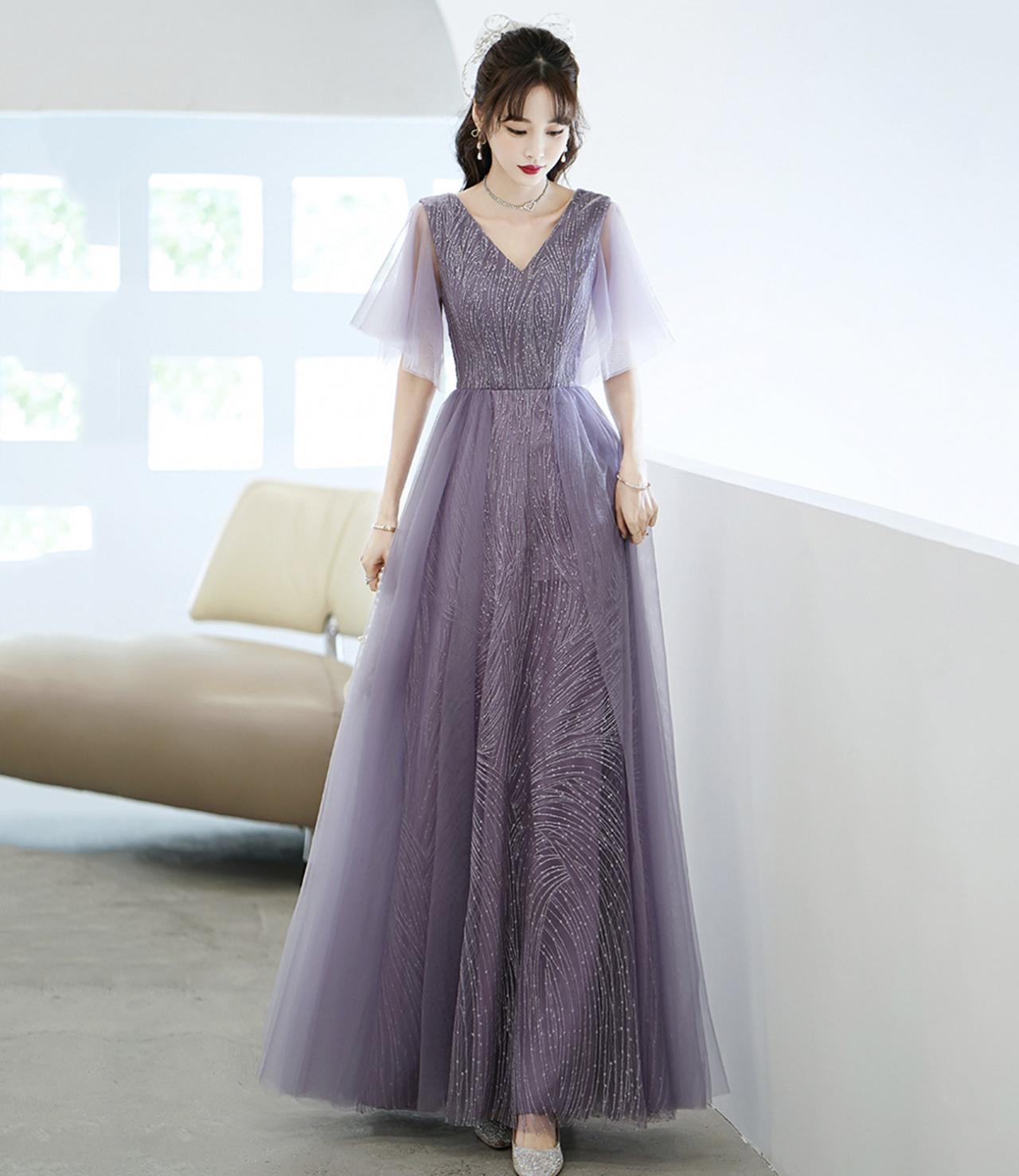 Purple Tulle Beads Long Prom Dress A Line Evening Gown